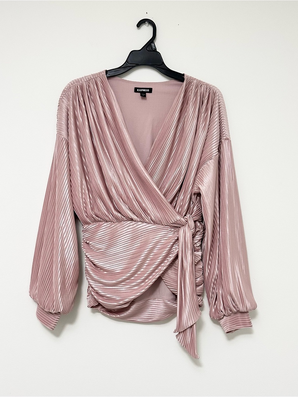 Express Champagne Blush Pink Pleated Wrap Blouse with Cuffed Long Ballon Sleeves